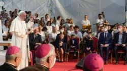 Pope Francis addresses young people at Lokomotiva Stadium in Košice, Slovakia, Sept. 14, 2021. Vatican Media.